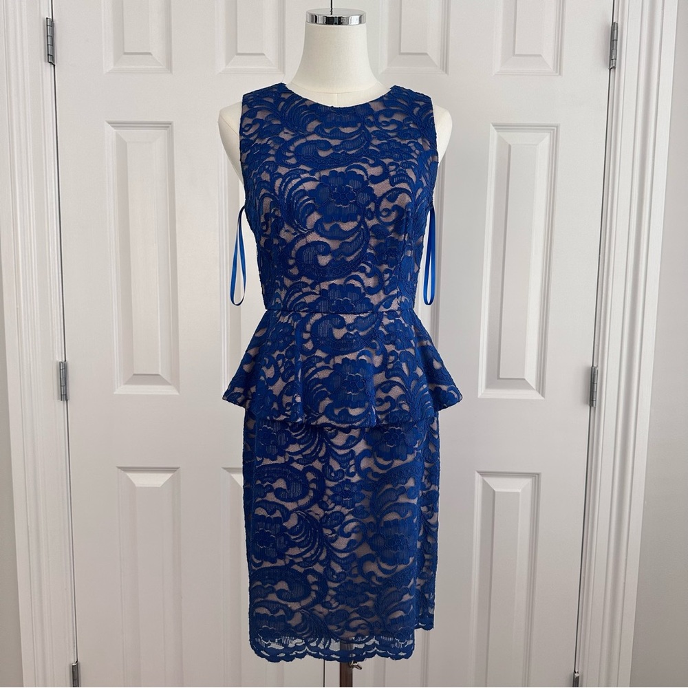 Cache Y2K Blue Sleeveless Peplum Lace Dress Floral Scalloped Wedding Guest Size6
